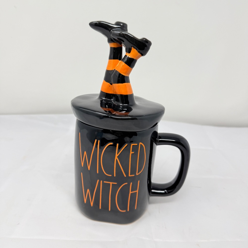 Rae Dunn Black Ceramic Halloween "WICKED WITCH" Coffee Mug w/ Lid 16oz